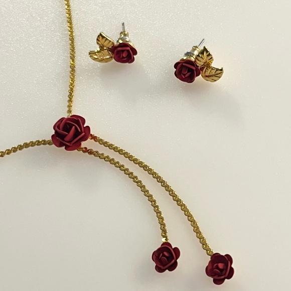 Vintage June Birth Flower Necklace and Earrings Set Gold Tone Red Rose Enamel - Picture 9 of 16